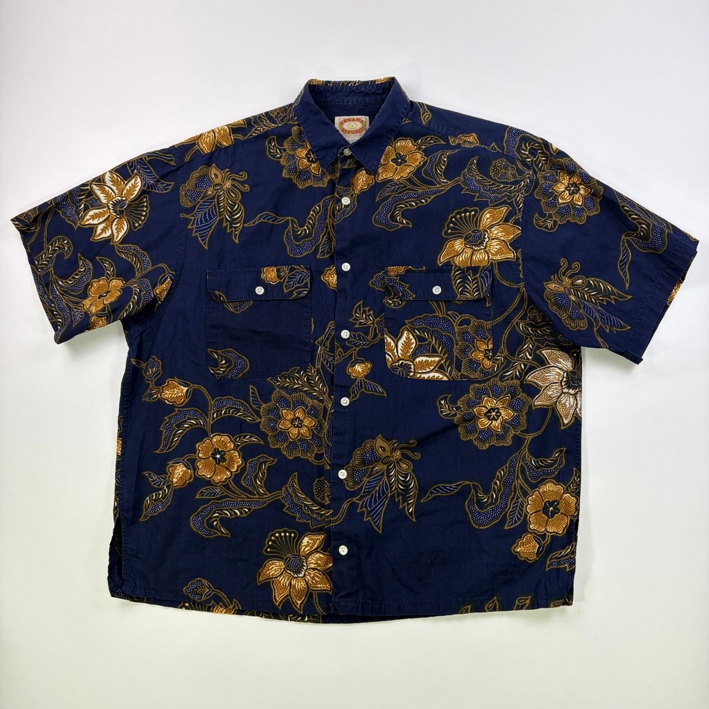 Vintage Banana Republic Batik Floral Shirt Mens M Blue Short Sleeve Button Up